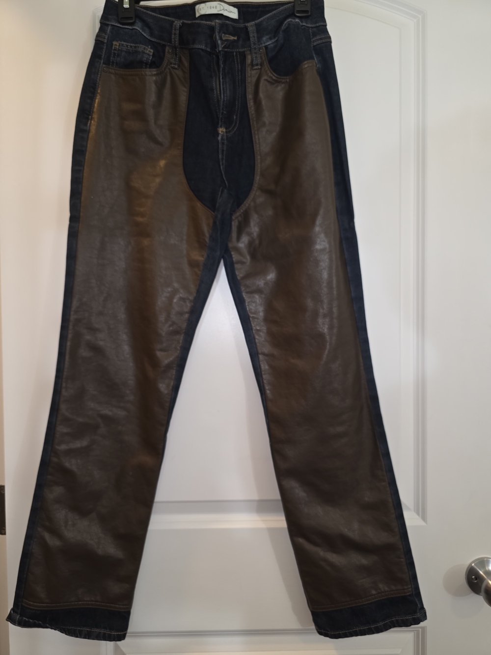 Women's Straight Mid-Rise Jeans with Brown Leather Front Panels